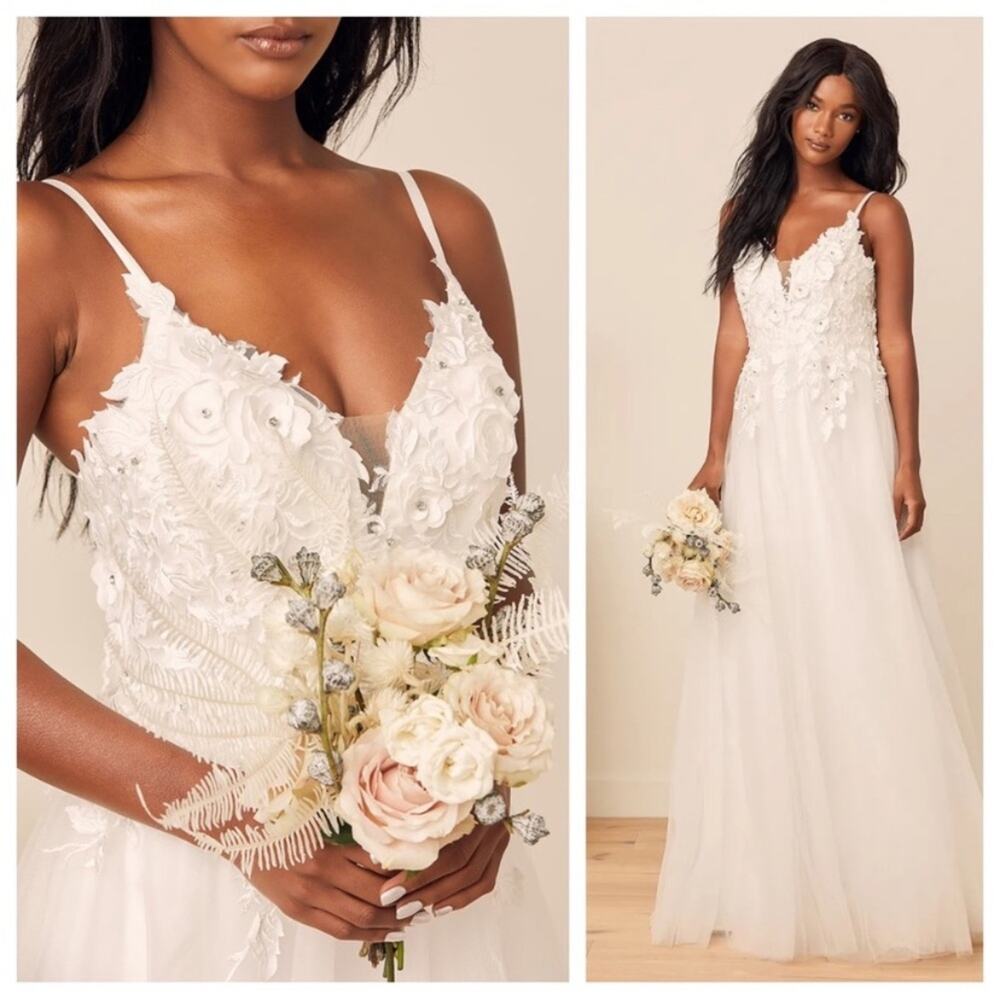 NWOT Lulus Breathtaking Romance White Embroidered Tulle Gown - Picture 3 of 11